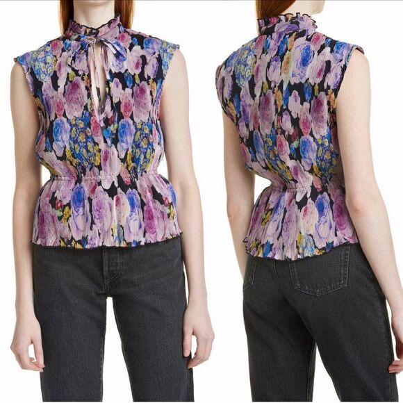 GANNI Pleated Georgette Neck Tie Blouse Top in Multicolor - Picture 3 of 10